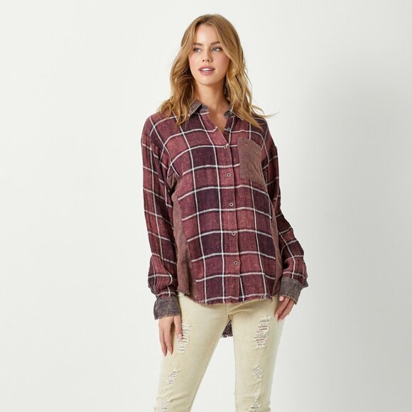 MYSTREE Oversized Plaid Button Down Shacket, Burgundy Wine Checkered, Grunge - Picture 7 of 8